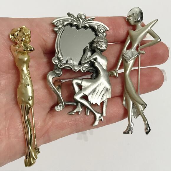 Vintage AJC Signed Mirror Sitting Lady Woman Figural Brooch Pin 3 Lot Set - Picture 1 of 16